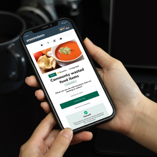 A view of the Greenredeem platform on a mobile device showing a quiz for the commonly wasted food items