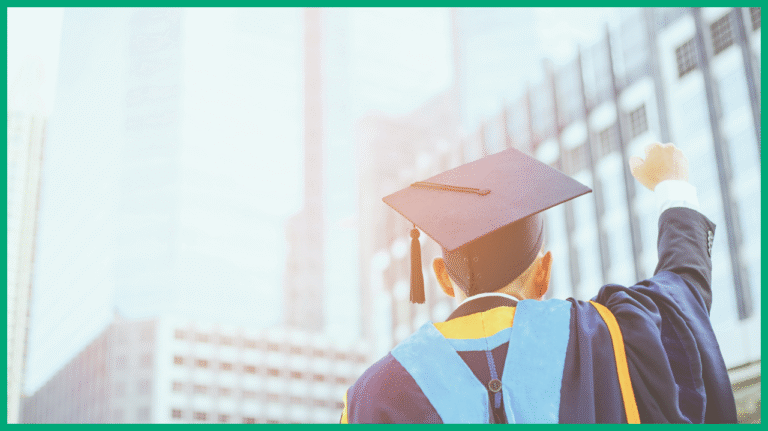 A back shot of someone wearing a graduation gown